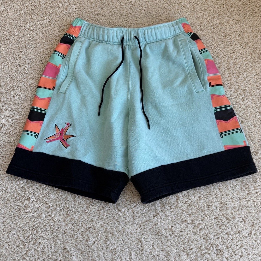 Jordan Fleece Shorts Mens Medium Teal Excellent Geometric Side Stripe Jumpman